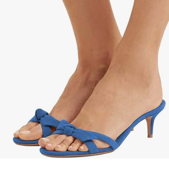 FSJ Royal Blue Bowknot Slip On Mules Summer Open Toe Mid Heel Sandal Dress Shoes - Picture 1 of 8